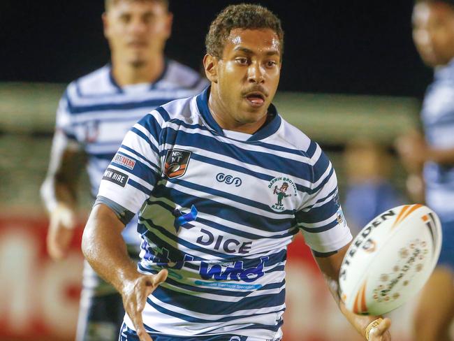 Tyrone Nona was a standout in the halves for the Darwin Brothers in the preliminary final against Palmerston Raiders. Picture: GLENN CAMPBELL