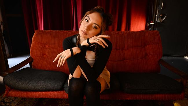 Pop singer-songwriter Jaguar Jonze, aka Deena Lynch, during a break in a recording studio in Kelvin Grove, Brisbane last week. Picture: Lyndon Mechielsen