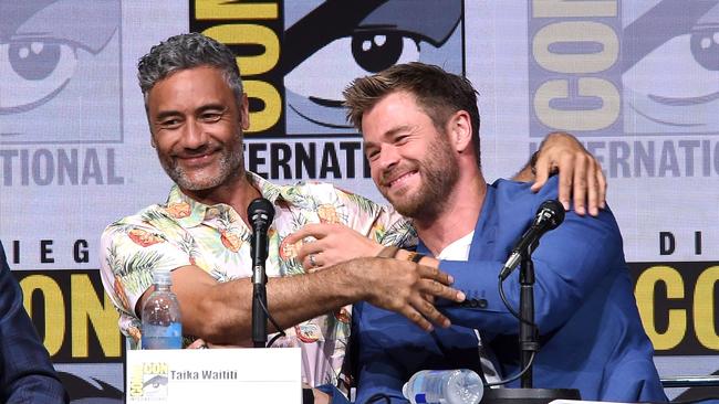 Taika Waititi and Chris Hemsworth during Comic-Con International 2017.