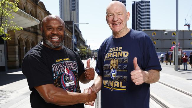 Pictured in Parramatta are former Penrith Panthers player Rhys Wesser and Parramatta Eels legend Peter Wynn ahead of the 2022 NRL Grand Final between the two teams. Picture: Richard Dobson