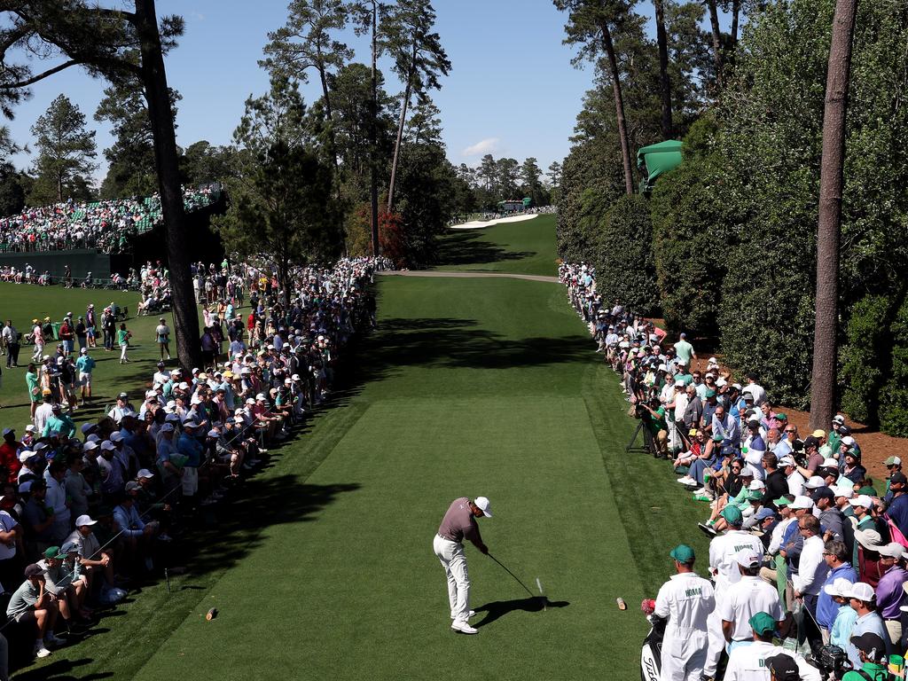 Tiger Woods tees off down 18 during the second round. Picture: Jamie Squire/Getty Images