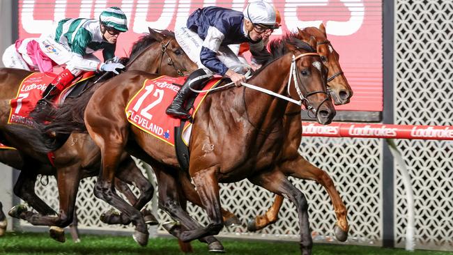 Cleveland, ridden by James McDonald wins the Moonee Valley Gold Cup on Friday night. Picture: George Sal–Racing Photos via Getty Images