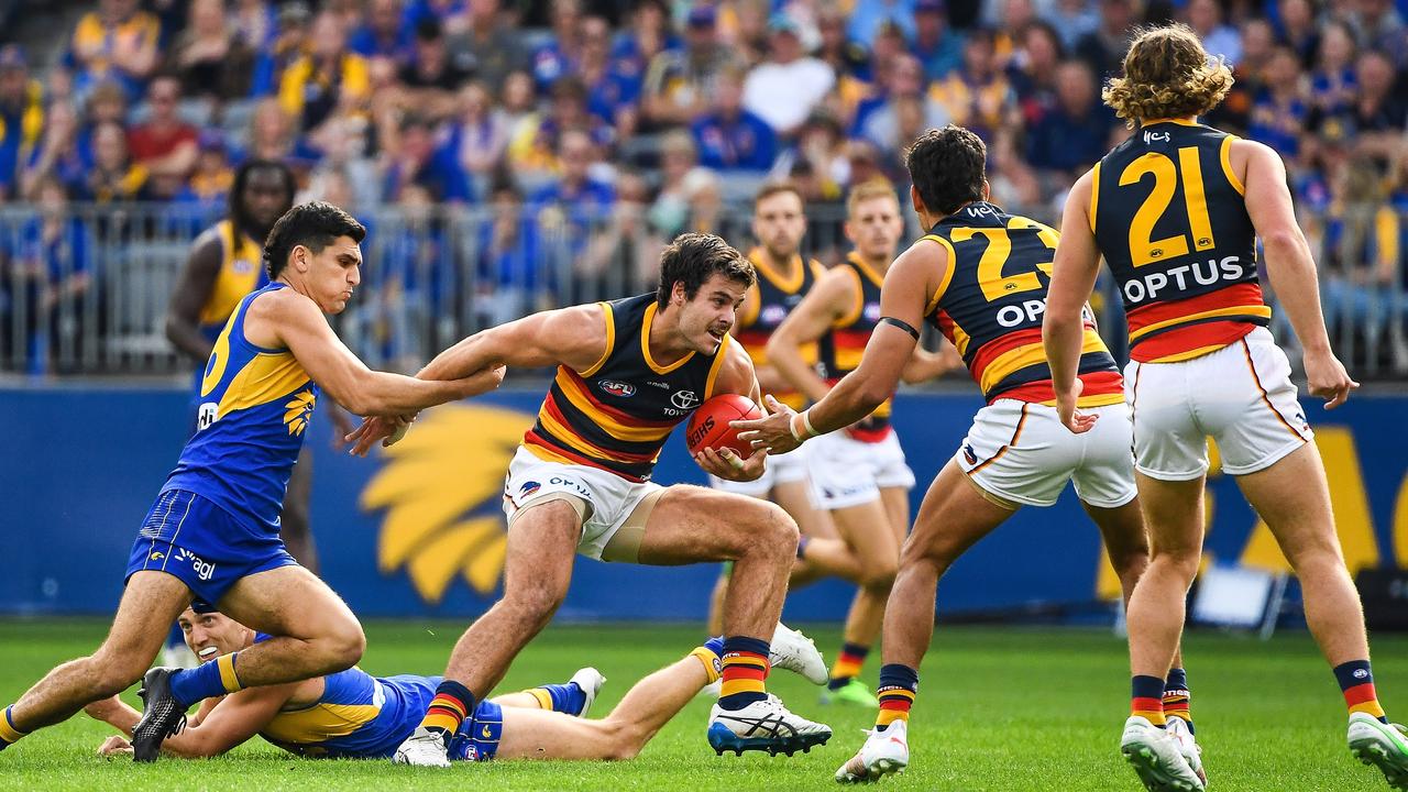 PERTH, AUSTRALIA – MAY 16: Darcy Fogarty of the Crows makes space from Tom Cole of the Eagles during the 2021 AFL Round 09 match between the West Coast Eagles and the Adelaide Crows at Optus Stadium on May 16, 2021 in Perth, Australia. (Photo by Daniel Carson/AFL Photos via Getty Images)