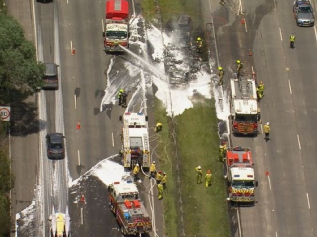 A motorhome has caused traffic chaos on the M1 near Sydney after it caught fire. Picture: Nine News via NCA NewsWire