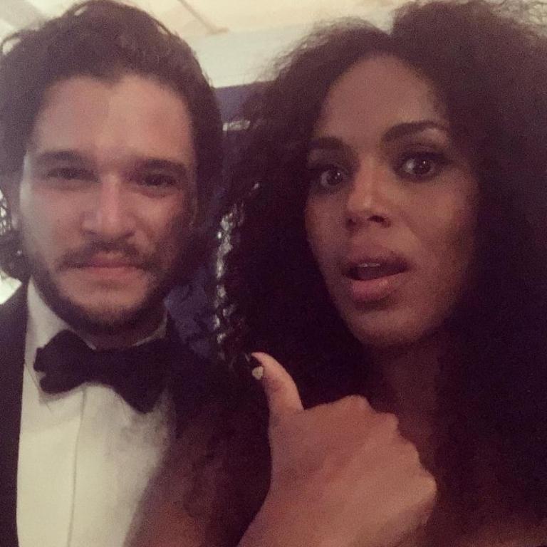 WHILE the Emmy Awards were under way, Hollywood celebrities flooded social media with cheeky Instagram snaps ... Kerry Washington with Kit Harington, “Yo! He’s ALIVE!!!!!” Picture: Instagram