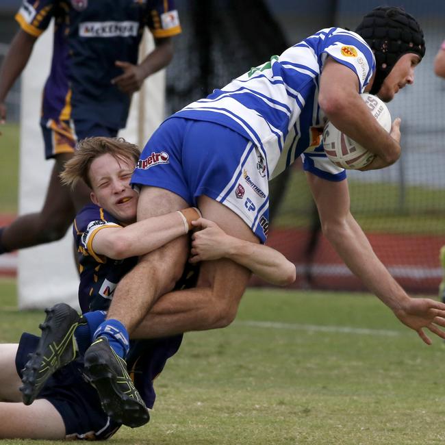 2019 Cairns District Rugby League Under-18s grand final between Edmonton Storm and Brothers Cairns. Storm’s Sean Pyne tackles Brothers’ Matti Moyle. PICTURE: ANNA ROGERS