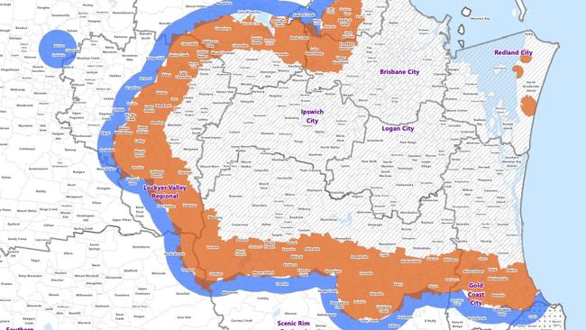 A map of fire ant eradication activities across South East Queensland, with the map extending up to the Moreton Bay region bordering the Sunshine Coast. Picture: Supplied