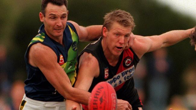 Eagles ace Andrew Rogers wrestles with West Adelaide’s Sam Jones. Picture: Sarah Reed