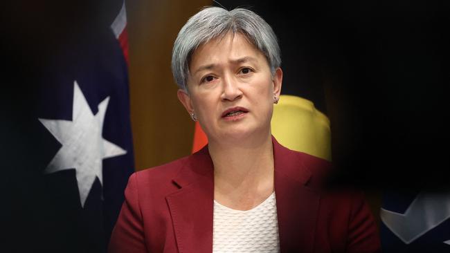 Australia's Foreign Minister Penny Wong speaks during a press conference after a bilateral talks with China's Foreign Minister Wang Yi at Parliament House in Canberra on March 20, 2024. Wang began a whirlwind visit to Australia on March 20, his rare trip marking a thaw in relations between the two trading partners. (Photo by DAVID GRAY / AFP)