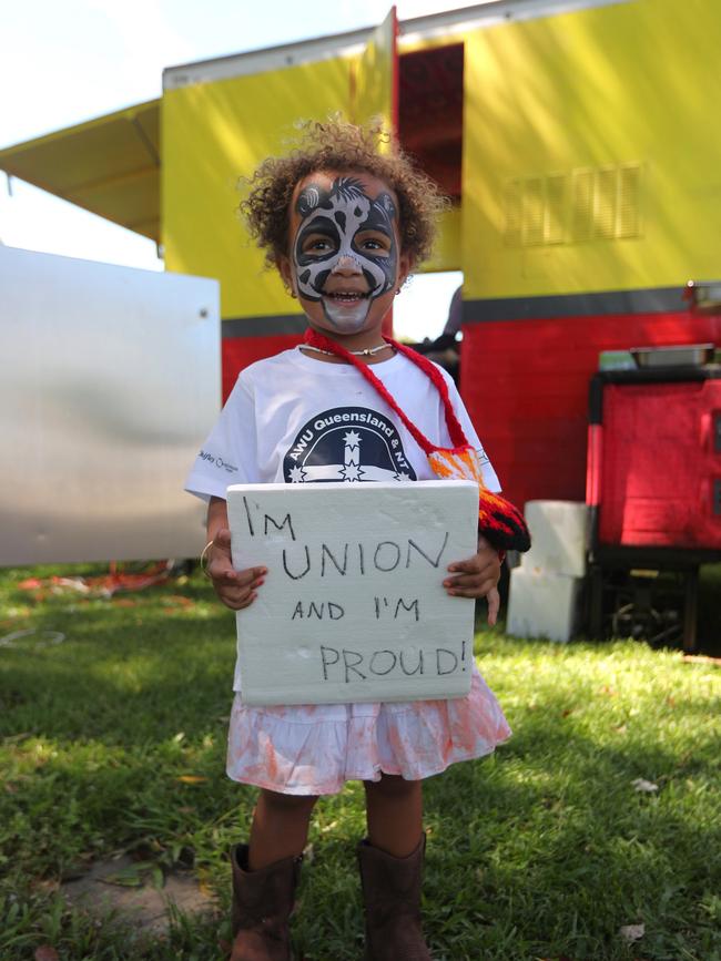 Two-year-old Lotus Segeyaro wearing an Australian Workers Union shirt at the annual Darwin May Day march on Monday, May 5. Picture: Zizi Averill