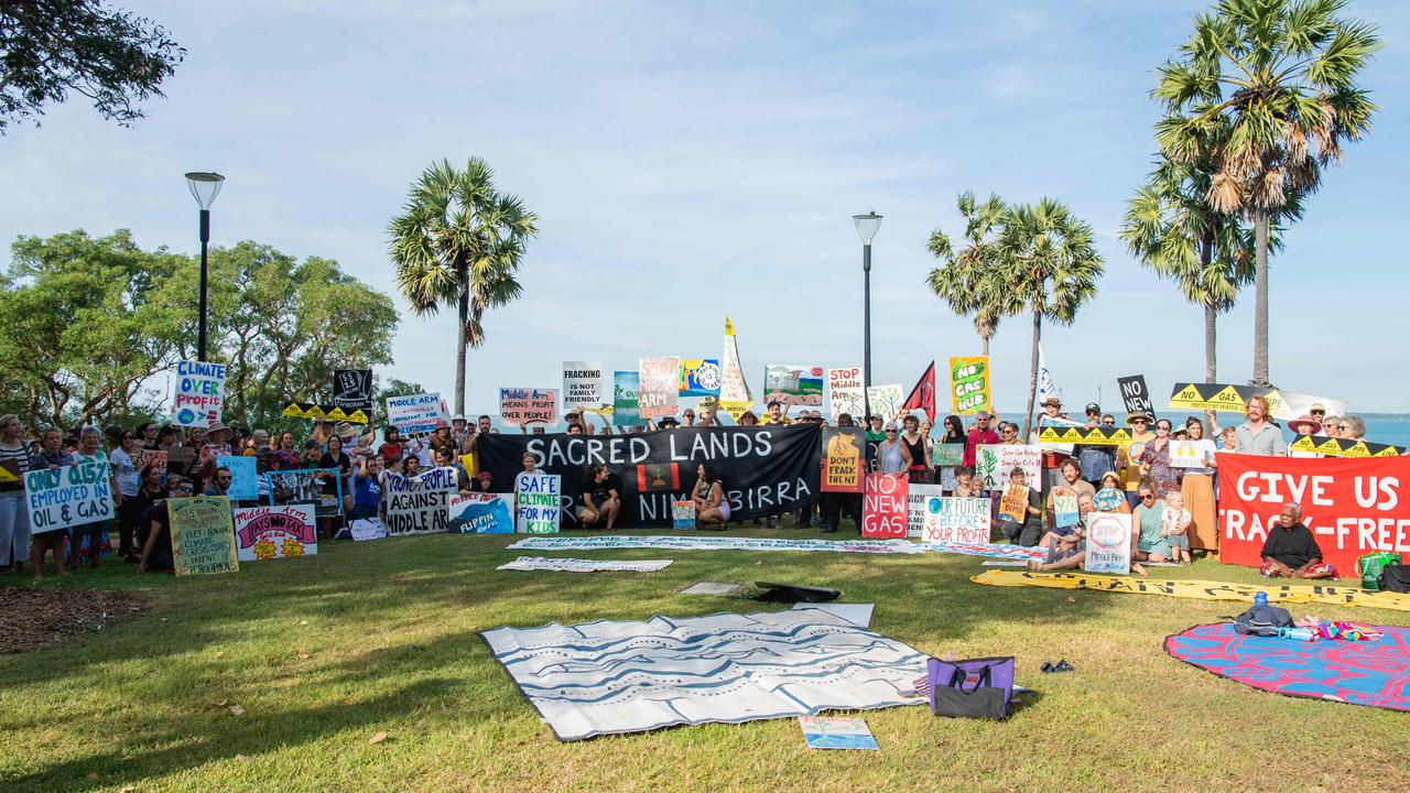 More than a hundred gathered to protest Middle Arm ahead of the second day of public hearings about the proposed development in Darwin. Picture: Pema Tamang Pakhrin