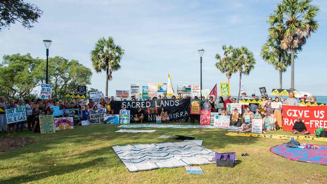 More than a hundred gathered to protest Middle Arm ahead of the second day of public hearings about the proposed development in Darwin. Picture: Pema Tamang Pakhrin