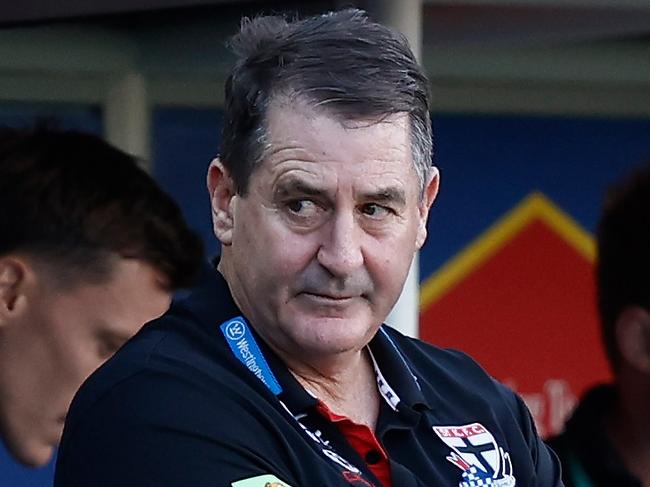 LAUNCESTON, AUSTRALIA - MAY 11: Ross Lyon, Senior Coach of the Saints looks dejected after a loss during the 2024 AFL Round 09 match between the Hawthorn Hawks and the St Kilda Saints at UTAS Stadium on May 11, 2024 in Launceston, Australia. (Photo by Michael Willson/AFL Photos via Getty Images)