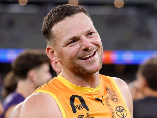 PERTH, AUSTRALIA - FEBRUARY 15: Steven May of the Indigenous All Stars celebrates during the 2025 Toyota AFL Indigenous All Stars match between the Indigenous All Stars and the Fremantle Dockers at Optus Stadium on February 15, 2025 in Perth, Australia. (Photo by Dylan Burns/AFL Photos via Getty Images)