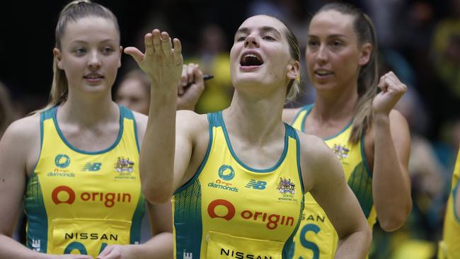 BENDIGO, AUSTRALIA - SEPTEMBER 25: Kiera Austin of Australia gestures winning game three of the international series between Australia Diamonds and England Roses at Bendigo Stadium on September 25, 2024 in Bendigo, Australia. (Photo by Daniel Pockett/Getty Images)