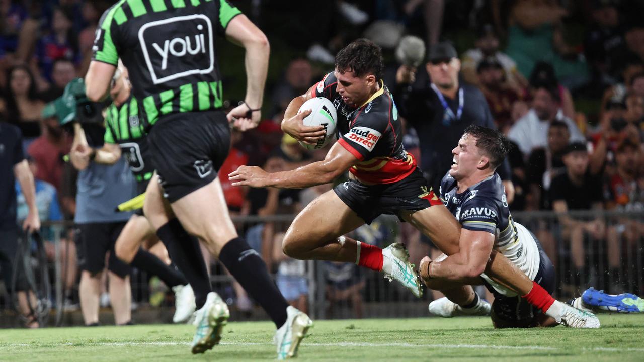 Jake Averillo scores a try in the National Rugby League (NRL) pre season NRL match between the North Queensland Cowboys and the Dolphins, held at Barlow Park. Picture: Brendan Radke