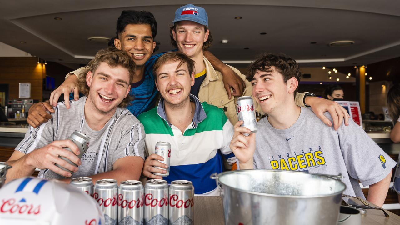 Watching the NFL Super Bowl at Fitzy's are (from left) Will Coll, Rukshan Mahendraraj, William Creevey, Jared Jeitz and Will Bein, Monday, February 14, 2022. Picture: Kevin Farmer