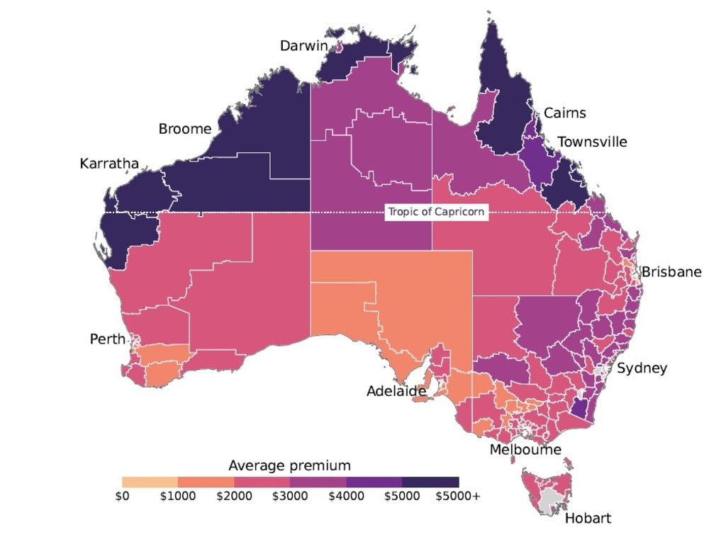 Average premiums for SME building and contents insurance, by Statistical Area Level 3, 2023. Picture: ACCC.