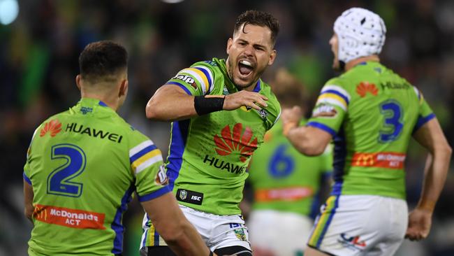 Aidan Sezer celebrates his matchwinning field goal for the Raiders.