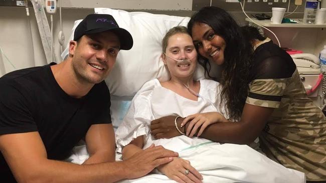 Beau Ryan visits Kia Lettice in hospital last week, with her friend Mahalia Murphy.