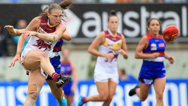 Kate Lutkins kicks long during the AFLW Grand Final. Picture: Mark Stewart