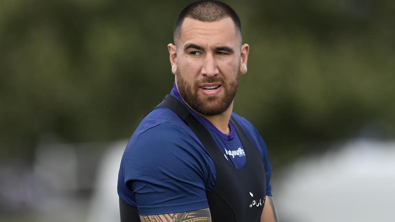 SUNSHINE COAST, AUSTRALIA - MAY 24: Nelson Asofa-Solomona looks on during a Melbourne Storm NRL training session at Sunshine Coast Stadium on May 24, 2021 in Sunshine Coast, Australia. (Photo by Albert Perez/Getty Images)