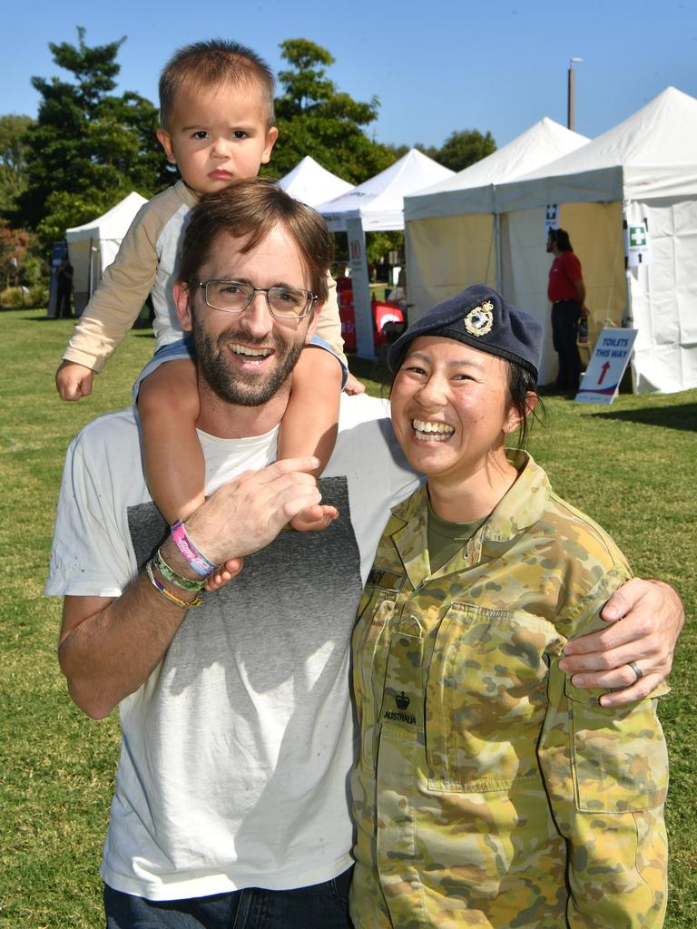 Legacy Centenary Torch Relay and community day at Jezzine Barracks. Jack and Sharon Maley with Arlo, 18 months. Picture: Evan Morgan