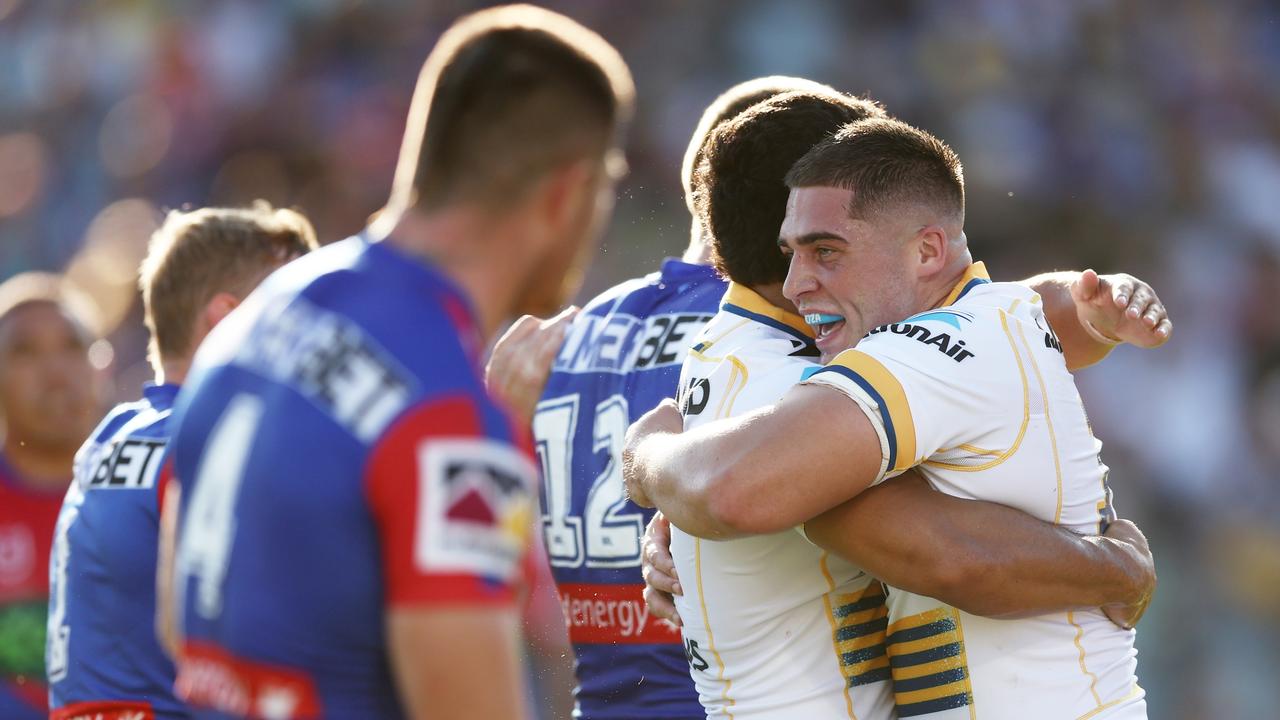 Matt Doorey celebrates a try in the final trial. Picture: Matt King/Getty Images