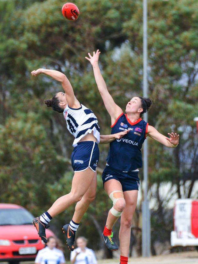 South’s Indy Tahau in action against Norwood's captain Leah Cutting during a clash last month. Picture: AAP/Brenton Edwards