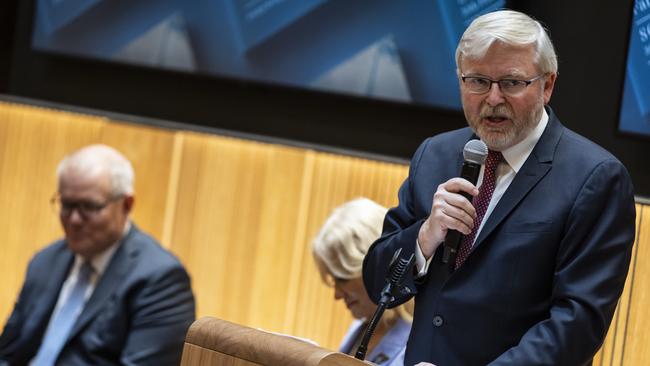 Australian Ambassador to the US Kevin Rudd speaks during an event promoting Scott Morrison’s book.