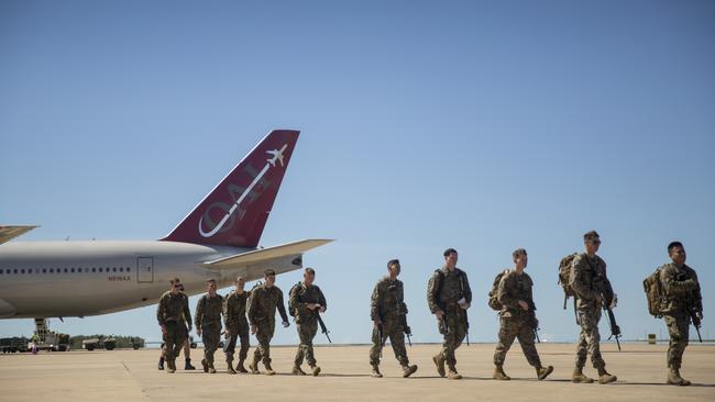 US Marines with the Aviation Combat Element arrive at the Royal Australian Air Force base for the 2019 Marine Rotational Force. Picture: Sgt. Jordan E. Gilbert