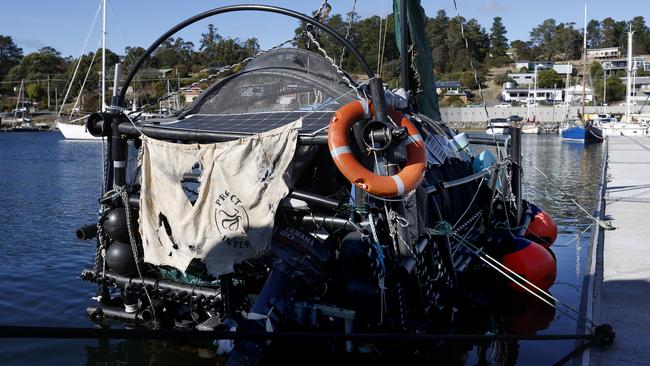 Samuel McLennan has built a raft entirely out of plastic waste found on Tasmania's coastline and waterways with the aim to sail to Sydney. Picture: Nikki Davis-Jones