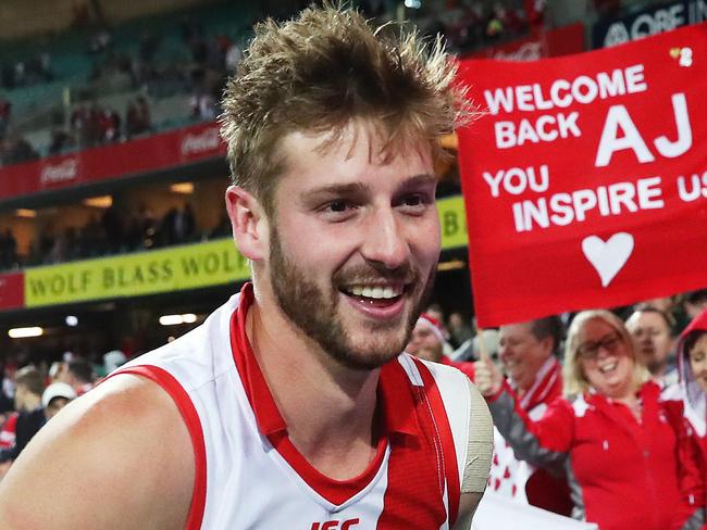 Sydney's Alex Johnson celebrates the Swans 2 point win over Collingwood in their AFL match at the SCG. It is Alex Johnson's first game since the 2012 Grand Final after having five knee reconstructions. Picture. Phil Hillyard