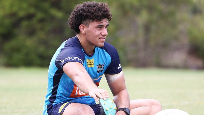 Jojo Fifita in action during a Gold Coast Titans Rugby League Training Session at Parkwood. Photograph : Jason O'Brien