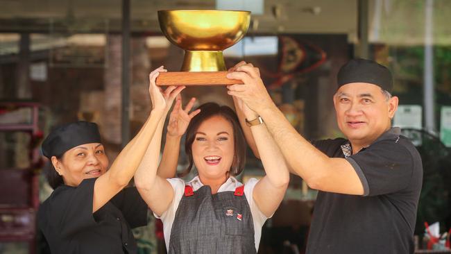 (L-R) Lien Vu, Grace Murphy and Sonny Tran were Chow’s winning team in the 2021 Darwin International Laksa Festival. The Waterfront eatery has won the top gong again in this year’s awards. Picture: Glenn Campbell