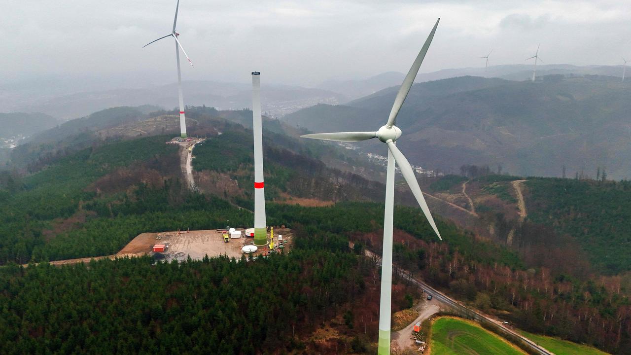 An aerial view shows a new wind turbine being erected by the company SL Naturenergie in the existing wind farm near Hagen, western Germany on March, 5, 2024. Picture: AFP