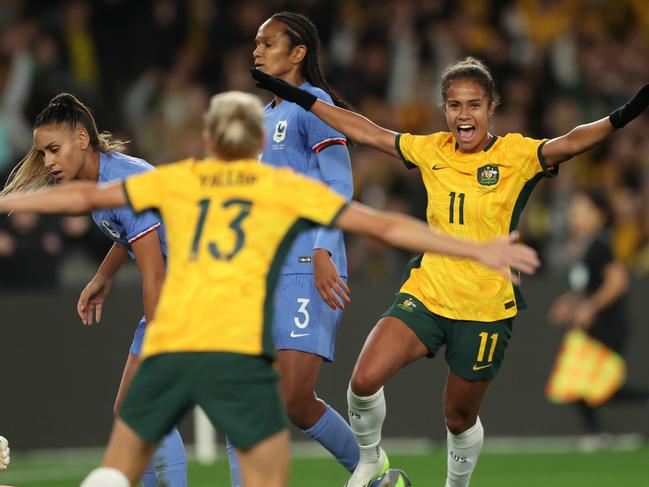 MELBOURNE, AUSTRALIA - JULY 14: Mary Fowler of the Matildas celebrates scoring a goal during the International Friendly match between the Australia Matildas and France at Marvel Stadium on July 14, 2023 in Melbourne, Australia. (Photo by Robert Cianflone/Getty Images)