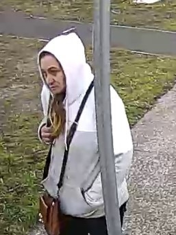 A woman (pictured), dressed in a grey or white hoodie, is seen getting on the bus at the same time as Mr Telega, and then off again in the carpark of the Shoreline Hotel. Picture: Tasmania Police