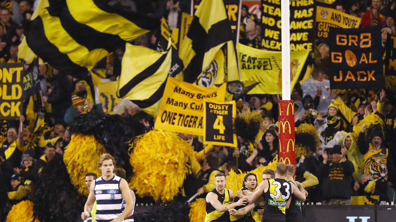 AFL 2nd Qualifying Final. Geelong v Richmond at the MCG . The tiger army goes off after Jacob Townsend kicked the opening goal  . Pic: Michael Klein