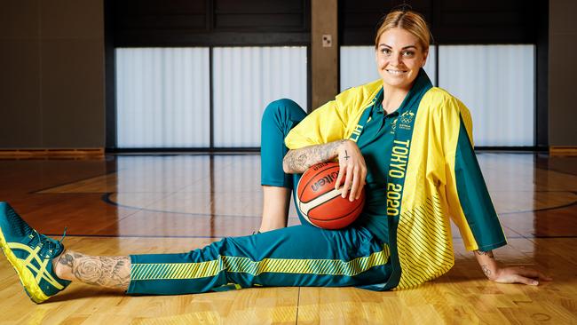 SYDNEY, AUSTRALIA - MAY 26: Cayla George poses during the Australian Tokyo Olympic Games Women's Basketball Squad Announcement at Shore School Basketball Courts on May 26, 2021 in Sunshine Coast, Australia. (Photo by Hanna Lassen/Getty Images)