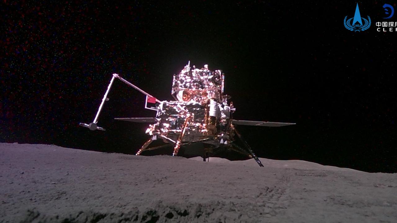 The ascender and lander captured by China's Chang’e-6 lunar probe after it landed on the moon. Picture: AFP PHOTO / CNSA