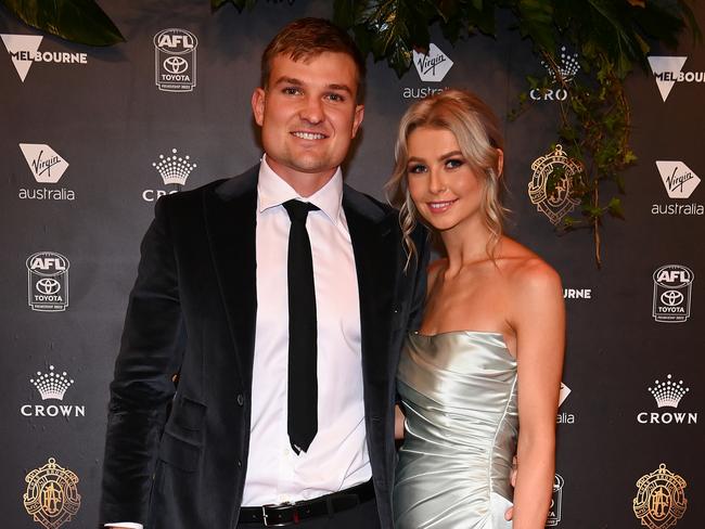 MELBOURNE, AUSTRALIA - SEPTEMBER 18: Ollie Wines and partner Olivia May attend the 2022 Brownlow Medal at Crown Entertainment Complex on September 18, 2022 in Melbourne, Australia. (Photo by Quinn Rooney/Getty Images)