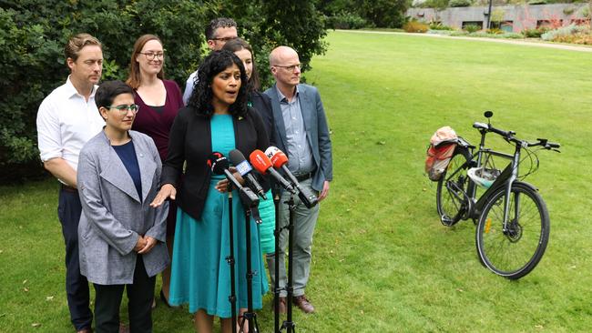 The Victorian Greens Party holds a press conference in the gardens of Parliament House on Sunday. Picture NCA NewsWire / Ian Currie