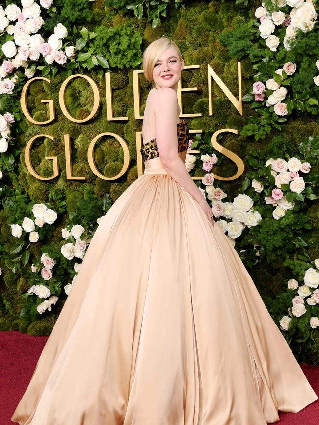 Elle Fanning adds some animal instinct with a leopard print detail on her Balmain gown Picture: Getty