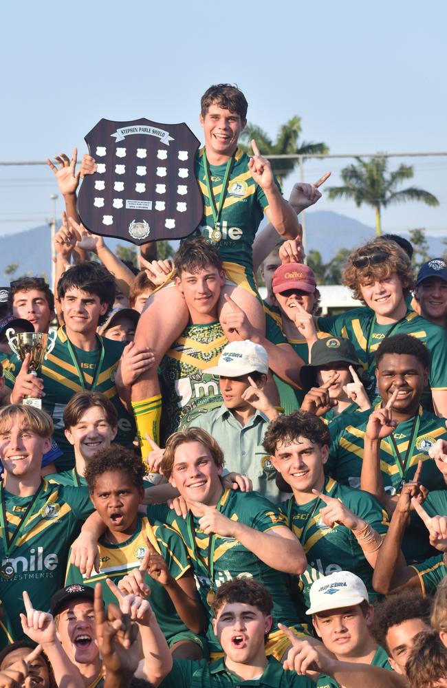 St Brendan’s players celebrate their win in the Rockhampton District Secondary Schools Rugby League Open A grand final.