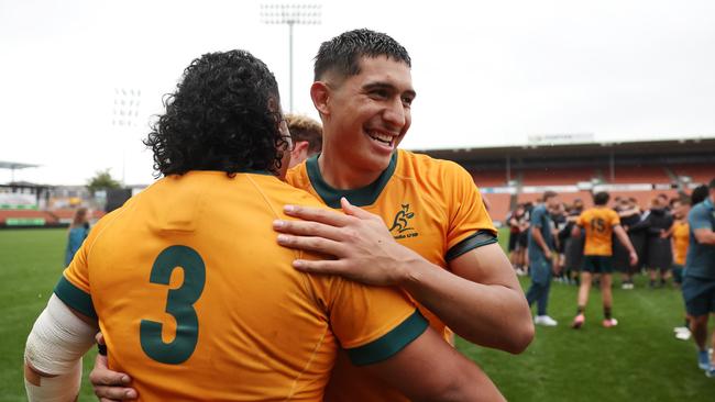 HAMILTON, NEW ZEALAND - OCTOBER 06: Eli Langi of AustraliaÃ¢â¬Â¨   celebrates the win during the match between Australia U18s and New Zealand Schools at FMG Stadium Waikato on October 06, 2024 in Hamilton, New Zealand. (Photo by Fiona Goodall/Getty Images for Rugby Australia)
