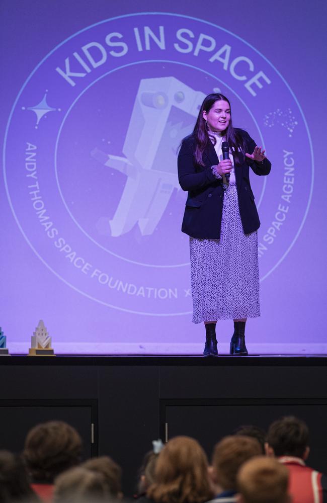 Andy Thomas Space Foundation executive officer Darcey Watson speaking at Kids in Space Queensland finals and showcase at Edmund Rice Cultural Centre St Mary's College, Friday, June 7, 2024. Picture: Kevin Farmer