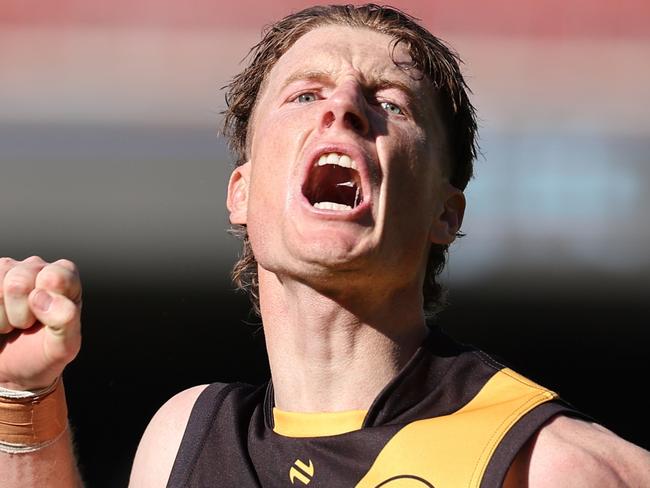 Lachlan Hosie from Glenelg reacts after scoring a goal during the SANFL preliminary final match between Central Districts and Glenelg at the Adelaide Oval in Adelaide, Sunday, September 15, 2024. (SANFL Image/David Mariuz)