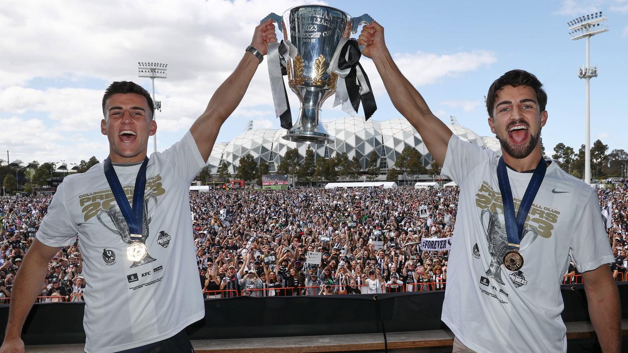 Nick and Josh Daicos with the premiership cup. Picture: Michael Klein