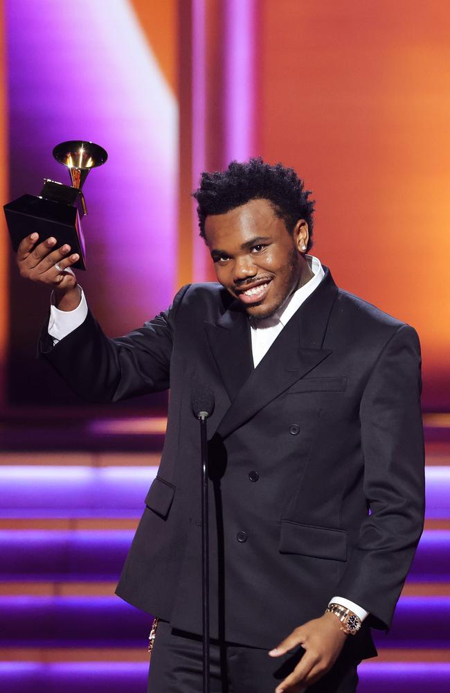 Baby Keem accepts the Best Rap Performance award for ‘Family Ties’. Picture: Getty Images